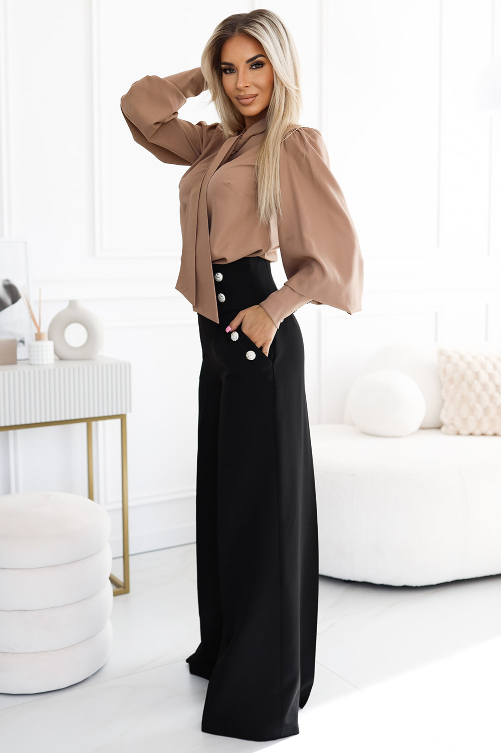 Numoco 496-2 Elegant wide pants with high waist and golden buttons - black-1