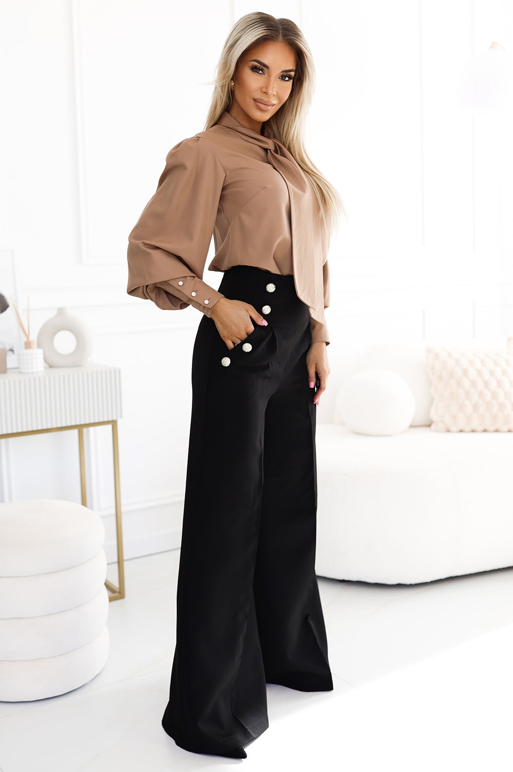 Numoco 496-2 Elegant wide pants with high waist and golden buttons - black-3