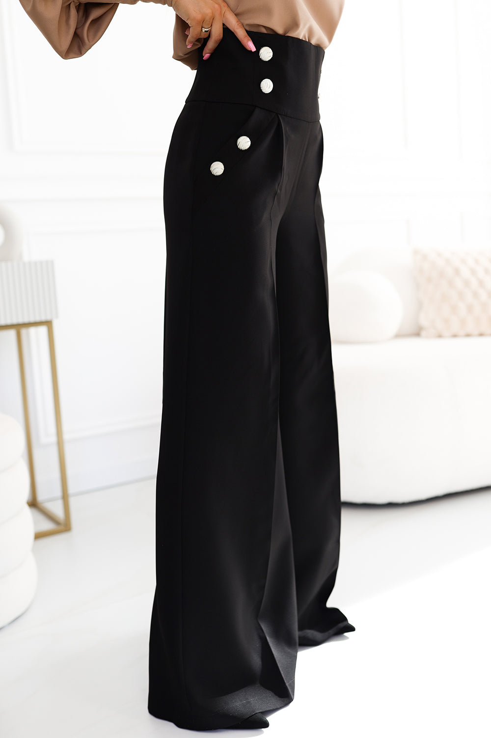 Numoco 496-2 Elegant wide pants with high waist and golden buttons - black-5