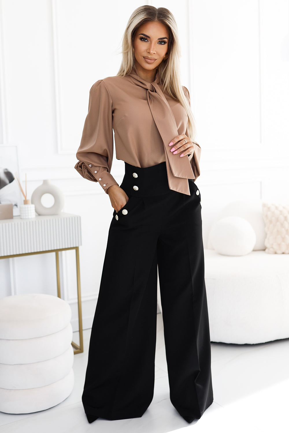 Numoco 496-2 Elegant wide pants with high waist and golden buttons - black-0
