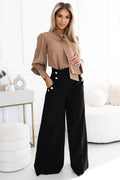 Numoco 496-2 Elegant wide pants with high waist and golden buttons - black-0