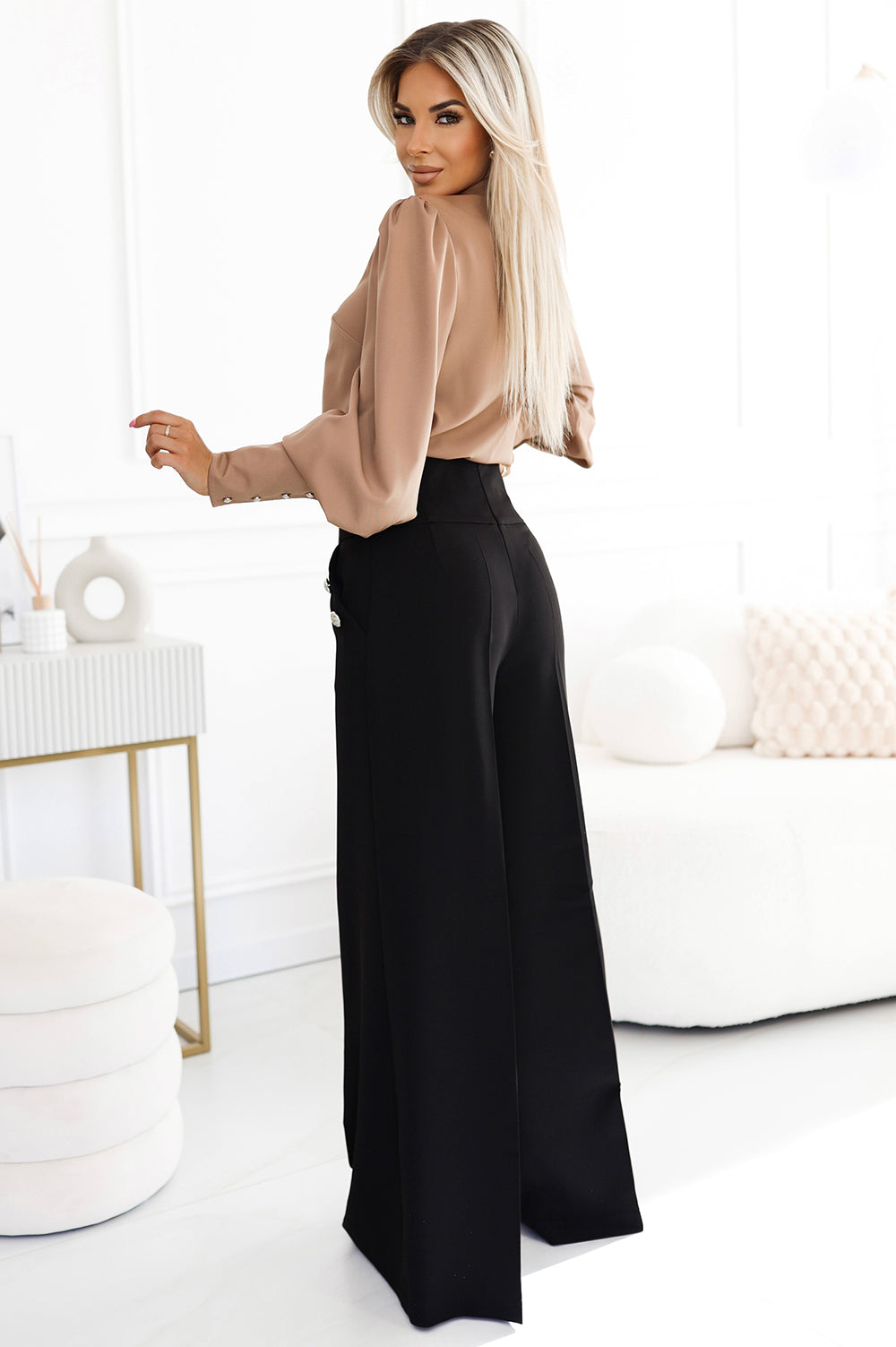 Numoco 496-2 Elegant wide pants with high waist and golden buttons - black-2